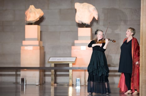 Mezzo-soprano Susan Bickley, right, with violinist Jacqueline Shave performing Berio’s Recital I for Cathy in the Parthenon Room of the British Museum.
