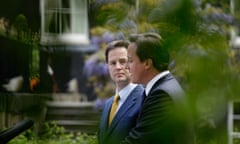 David Cameron and Nick Clegg holding their first joint news conference in May 2010.