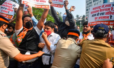 Demonstrators face off with police  while protesting against the arrest of Arnab Goswami in Mumbai