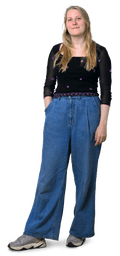 Woman in blue jeans, long fair hair and trainers