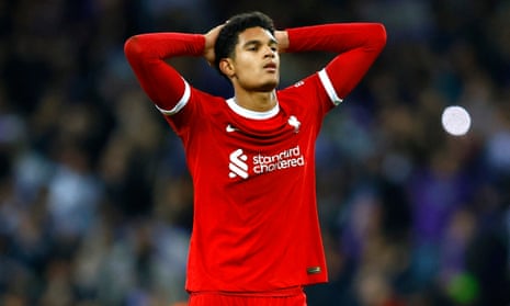 Liverpool's Jarell Quansah looks dejected after his goal is disallowed following a referral to VAR.