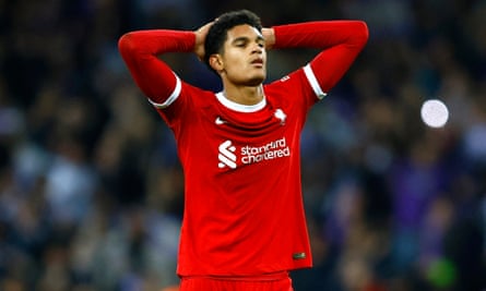 Liverpool’s Jarell Quansah looks dejected after his goal is disallowed