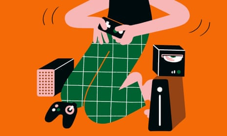 Illustration of man with three consoles