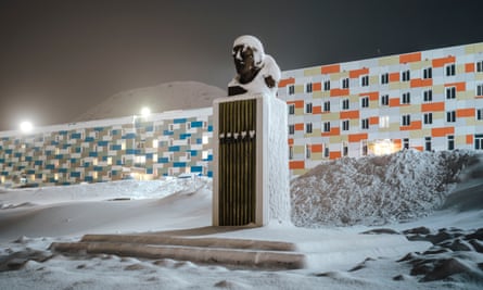 A monument to Lenin in Barentsburg, the Russian-owned mining town in the Norwegian archipelago of Svalbard, with text in Russian declaring ‘Our goal is communism!’