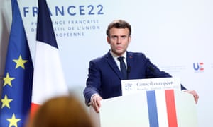 President Emmanuel Macron gives a news conference at the end of an EU Summit on March 25, 2022 in Brussels, Belgium.