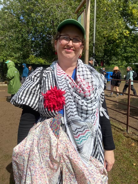 Laura O’Herlihy at the End of the Road festival, wearing several keffiyehs
