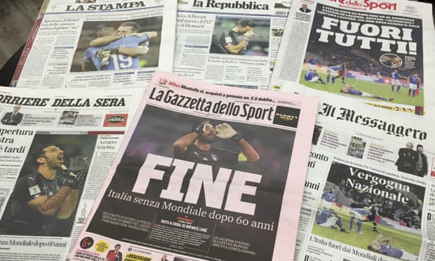 Italian newspapers reflect on the country’s failure to qualify for the World Cup after Italy were held to a scoreless draw by Sweden.