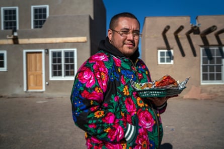 Ryan Rainbird Taylor holds a plate full of indigenous soul food dishes that Yapopup is known for. We meet him in the Ohkay Owingeh Pueblo, not far from his grandmother’s home.