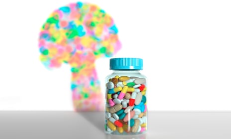 An illustration of a bottle of coloured pills creating a multi-coloured mushroom cloud behind it