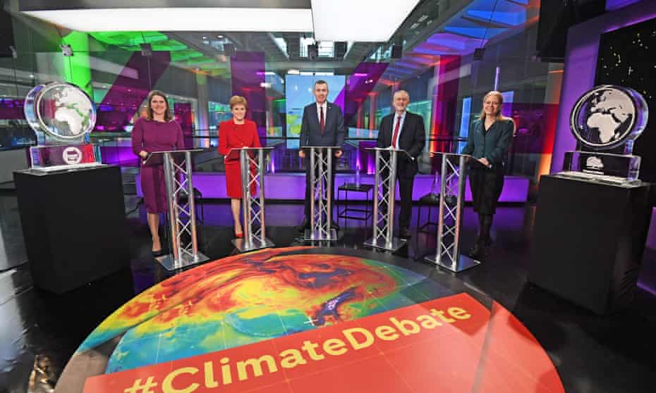Party leaders at the climate debate on Channel 4, with Boris Johnson and Nigel Farage empty-chaired with blocks of ice.