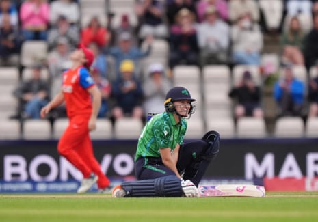 Ireland's Gaby Lewis reacts after being caught by England's Heather Knight.