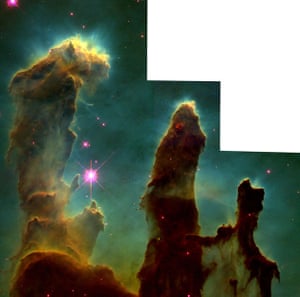 1 April 1995 – The ‘Pillars of Creation’, a cluster of young, massive stars in a small region of the Eagle Nebula or M16, taken by the Hubble telescope