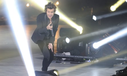 One Direction singer Harry Styles in concert in San Diego, US.