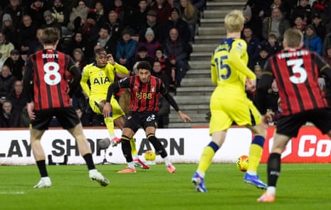 Tottenham Hotspur’s Mathys Tel fires home to open the scoring at Bournemouth.