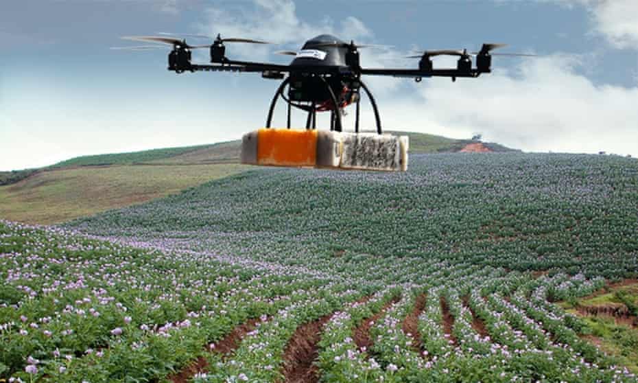 A drone equipped with a camera hovers over potato crops in Peru.