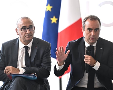 France's prime minister Sebastien Lecornu chairs a meeting next to France's Interior Minister Laurent Nunez at Technowest in Merignac, on the outskirts of Bordeaux, south-western France.