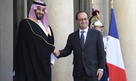 The French president, François Hollande, right, welcomes the Saudi defence minister, Prince Mohammed bin Salman, at the Elysée Palace in Paris in June.