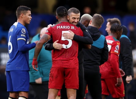 Gary O’Neil celebrates with Mario Lemina after one of his Wolves highlights, a 4-2 win over Chelsea at Stamford Bridge.