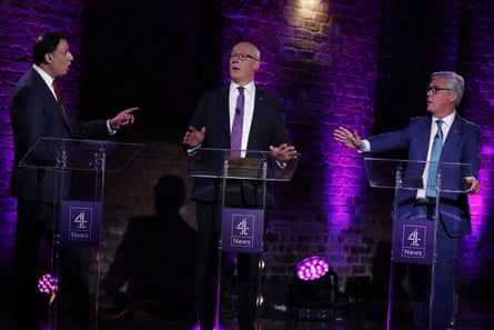 Sarwar, Swinney and Offord all gesturing at the same time during the debate