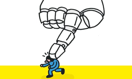 Illustration showing a human being prodded by a large mechanical hand, symbolising artificial intelligence