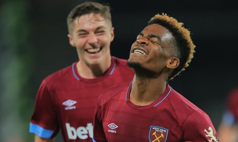 Grady Diangana celebrates scoring his first, and West Ham’s seventh, goal in their 8-0 victory against Macclesfield Town.