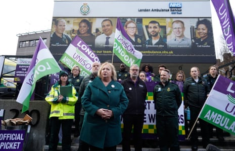 Christina McAnea, the general secretary of Unison, at a picket line outside the Waterloo ambulance station in London on 21 December.
