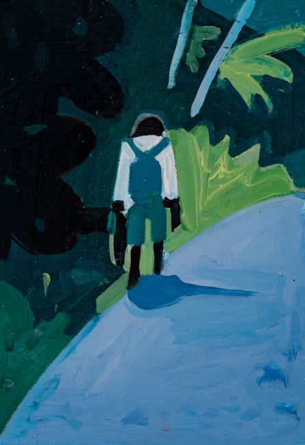 Painting of a figure carrying a backpack walking down a road with head bowed