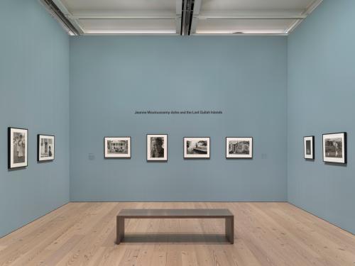 photos hung on a wall in a museum