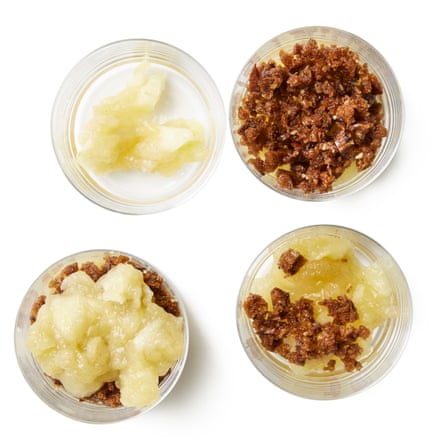 When you’re ready to assemble, take four individual glass dishes (or one large one) and put half the apple mix in the base, followed by half the crumbs. Repeat the two layers.