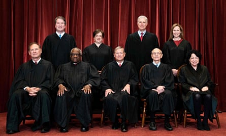 The justices of the supreme court, in April this year. Amy Coney Barrett is top right.