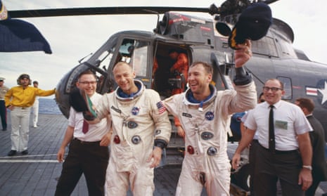 Jim Lovell (right) and Buzz Aldrin after their Gemini 12 flight, 1966.