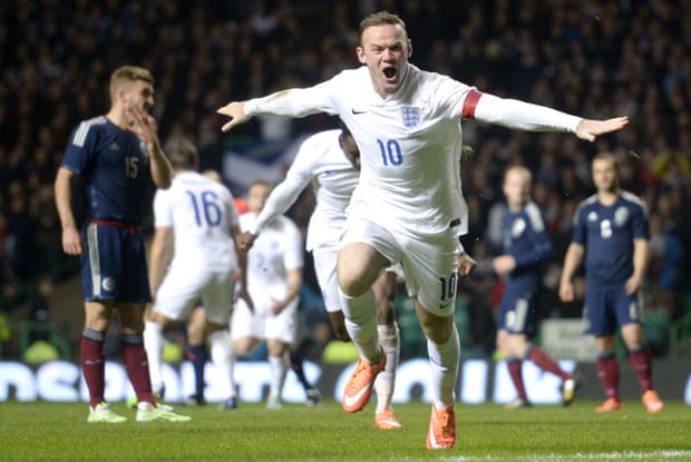 Wayne Rooney celebrates after scoring for England against Scotland in Glasgow.