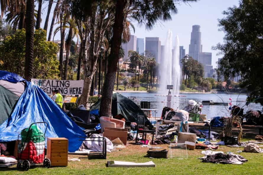 The encampment at Echo Park Lake was the site of drug overdoses, assaults and shootings, with four deaths in the park over the past year, according to city councilmember Mitch O’Farrell’s office. The tent city was removed in March 2021.
