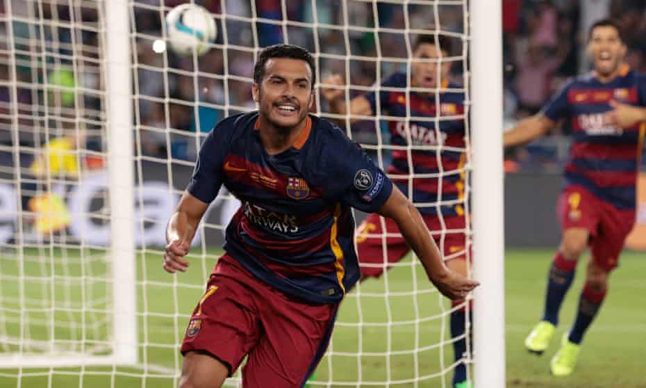 Barcelona’s Pedro celebrates after scoring the extra-time winner against Sevilla in their 5-4 Super Cup victory.