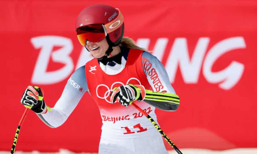 Mikaela Shiffrin smiles in relief after successfully completing the super-G course on Friday.