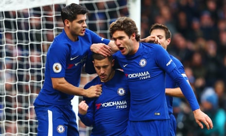 Eden Hazard is congratulated on scoring Chelsea’s third goal – his second – from the penalty spot against Newcastle