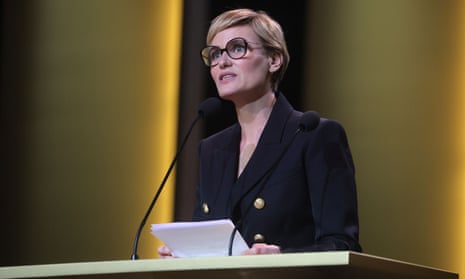 Judith Godrèche addresses the 49th annual Cesar awards ceremony at the Olympia concert hall in Paris, 23 February.