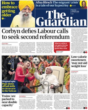 Guardian front page, Thursday 3 January 2018