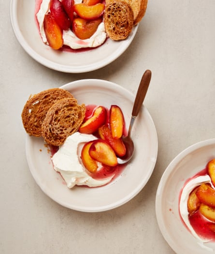 Yotam Ottolenghi's roasted peaches with fennel croissant wafers.