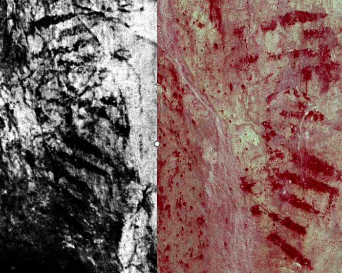 Striped rock dismissed as natural in 1928 reclassified as UK’s oldest cave art