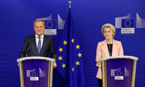 Donald Tusk and Ursula von der Leyen at podiums in Brussels
