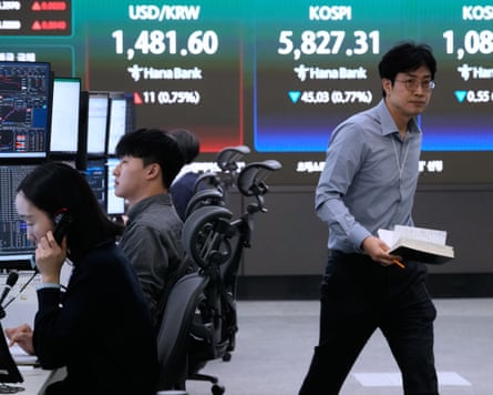 Currency traders activity adjacent a surface showing nan Kospi and overseas speech rates