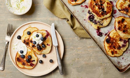 Thomasina Miers’ blueberry pancakes with lime zest yoghurt.