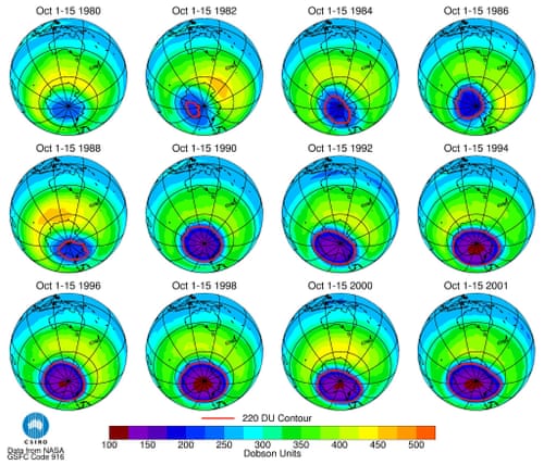 The hole in the ozone layer above Antarctica is seen in a series of satellite images over a 21-year period.