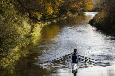 Rowers on a canal lined by greenery