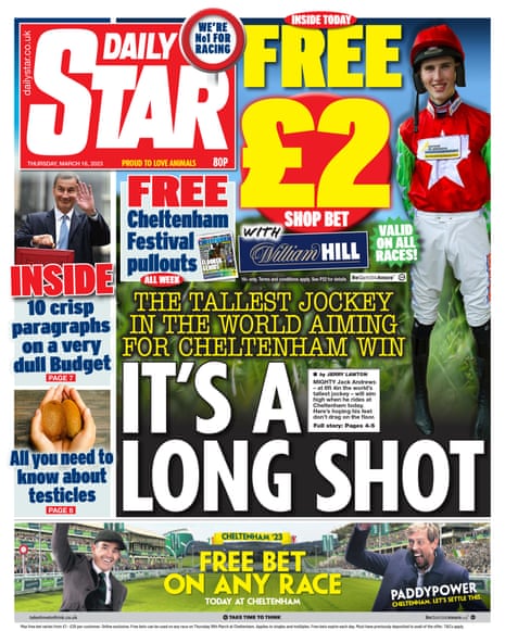 Daily Star front page featuring the world’s tallest jockey, Mr Jack Andrews.