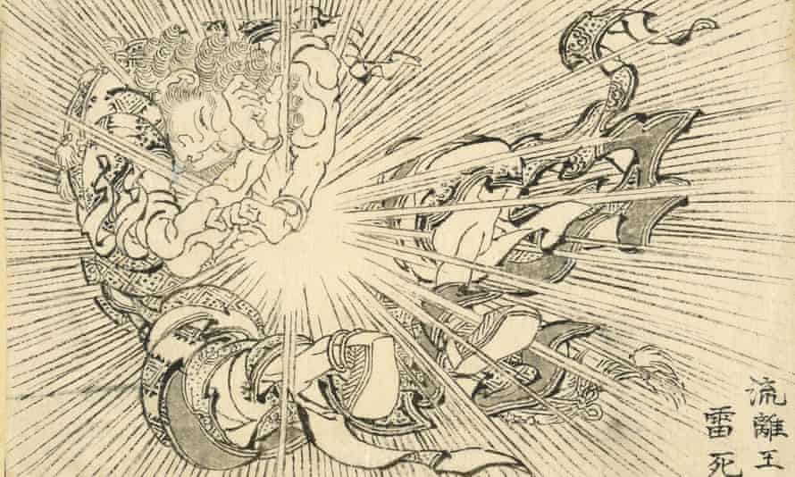 Virūdhaka is struck dead by lightning: a work by Hokusai, inspired by an Indian myth