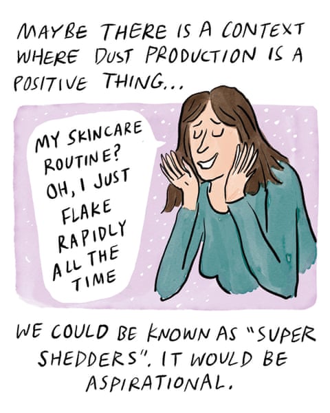 A series of cartoon images of a woman trying to tackle dust in her home., panel 3