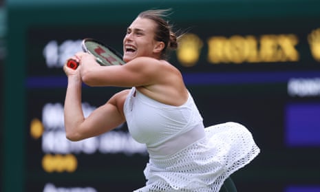 Aryna Sabalenka during her straight-sets victory against Madison Keys in the quarter-finals at Wimbledon.