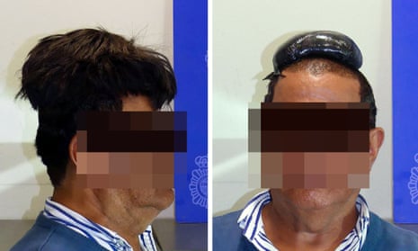 A man poses with and without a wig covering a drug package after being arrested at Barcelona airport